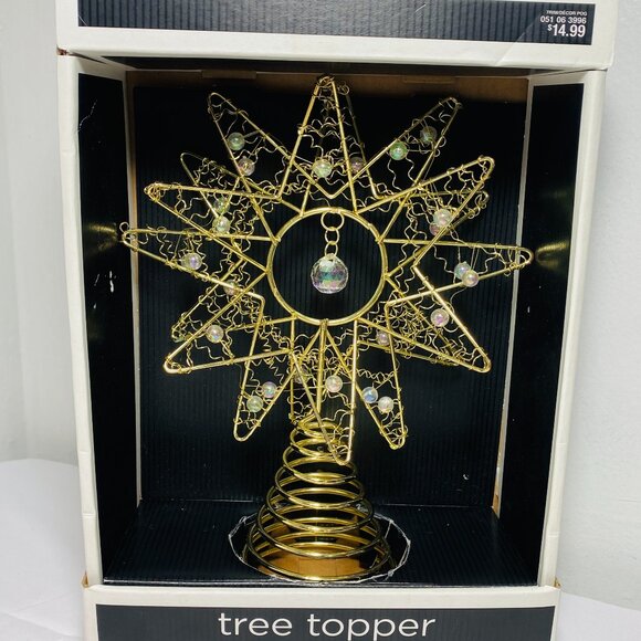 Gold Christmas Tree Topper 7.5" Wire w/Iridescent Beads Prism Star Design EUC - Picture 1 of 6